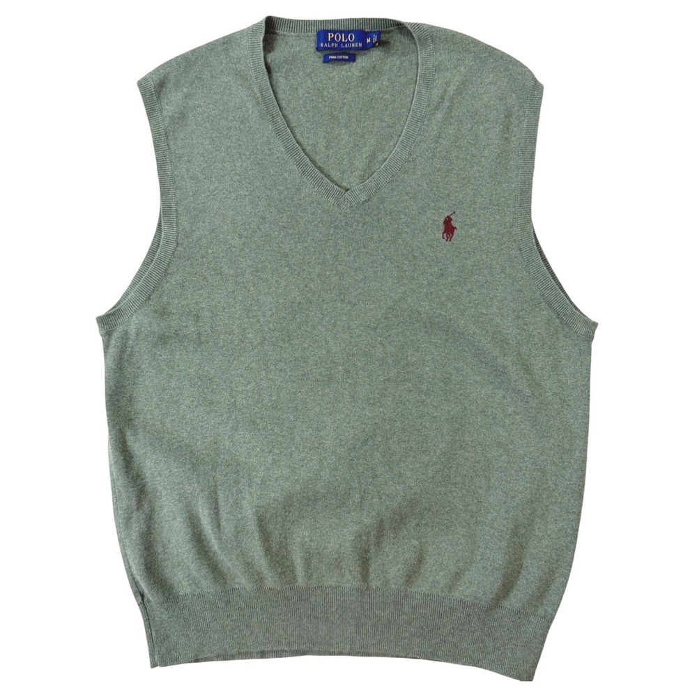 Polo Ralph Lauren Sweater Vest Mens Medium Green Pima Cotton V-Neck Pony Logo